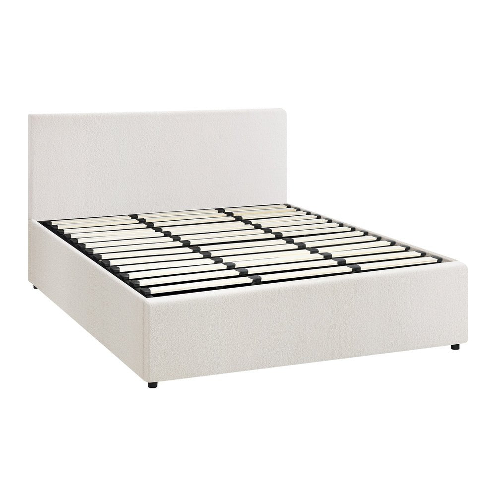 King Bed Frame with Gas Lift Storage Base White Boucle - Buy Online at Bargain Bay Australia