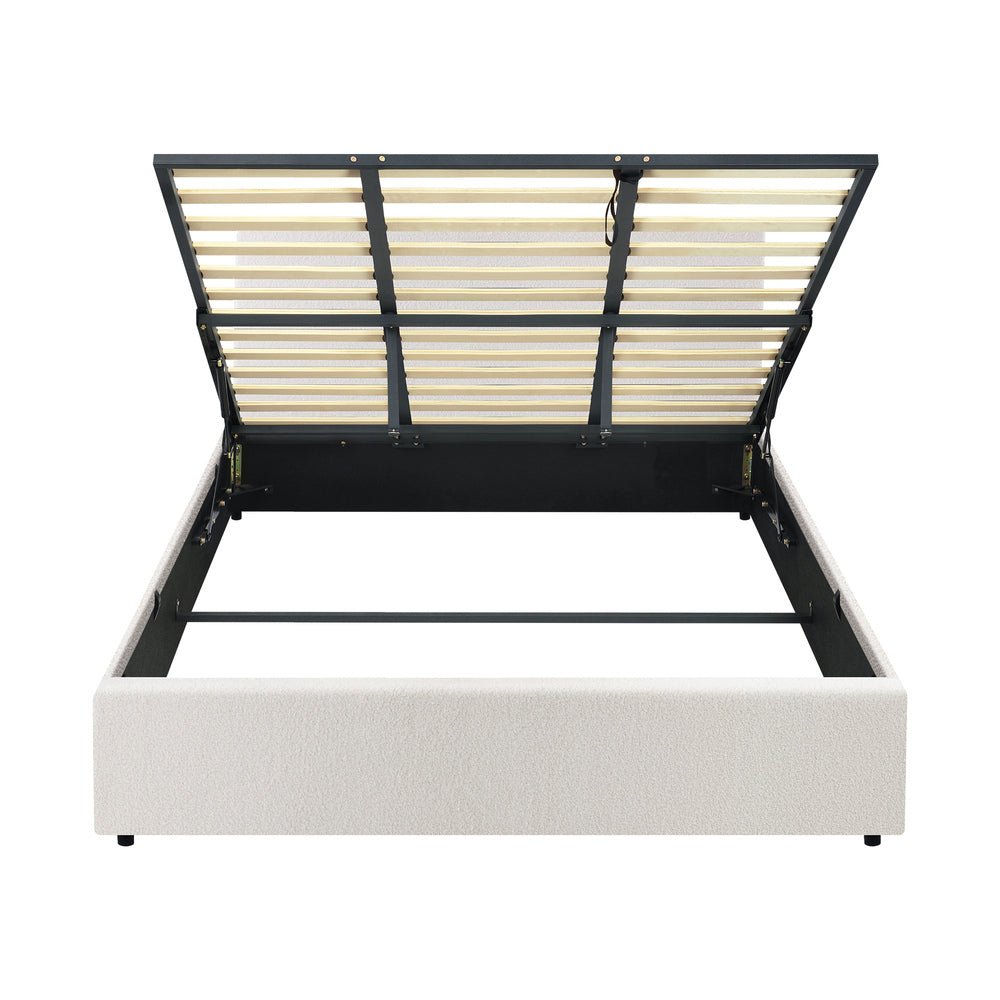 King Bed Frame with Gas Lift Storage Base White Boucle - Buy Online at Bargain Bay Australia
