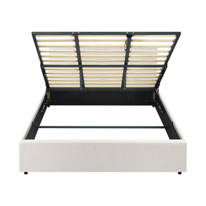 King Bed Frame with Gas Lift Storage Base White Boucle - Buy Online at Bargain Bay Australia