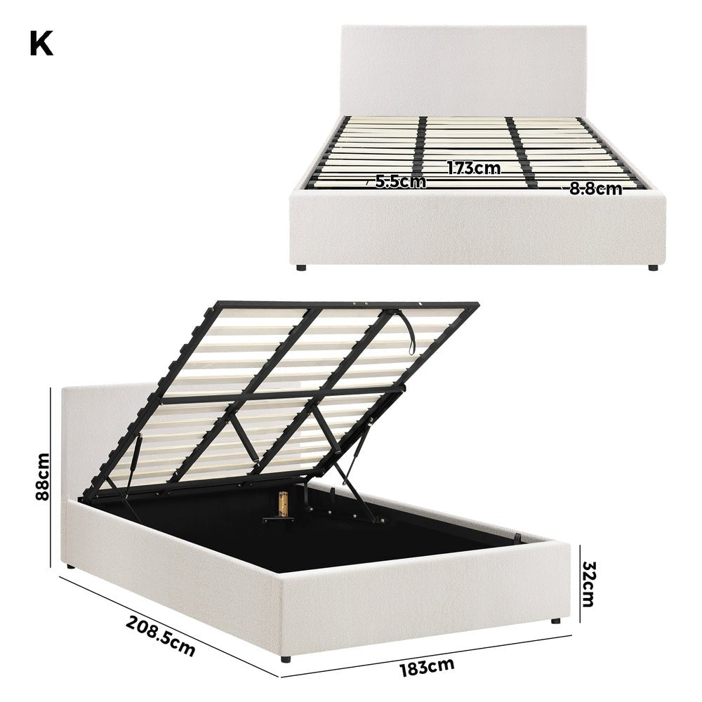 King Bed Frame with Gas Lift Storage Base White Boucle - Buy Online at Bargain Bay Australia