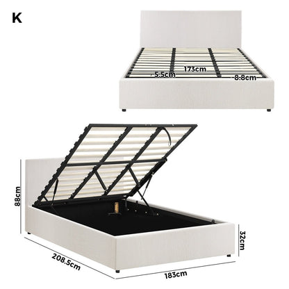 King Bed Frame with Gas Lift Storage Base White Boucle - Buy Online at Bargain Bay Australia