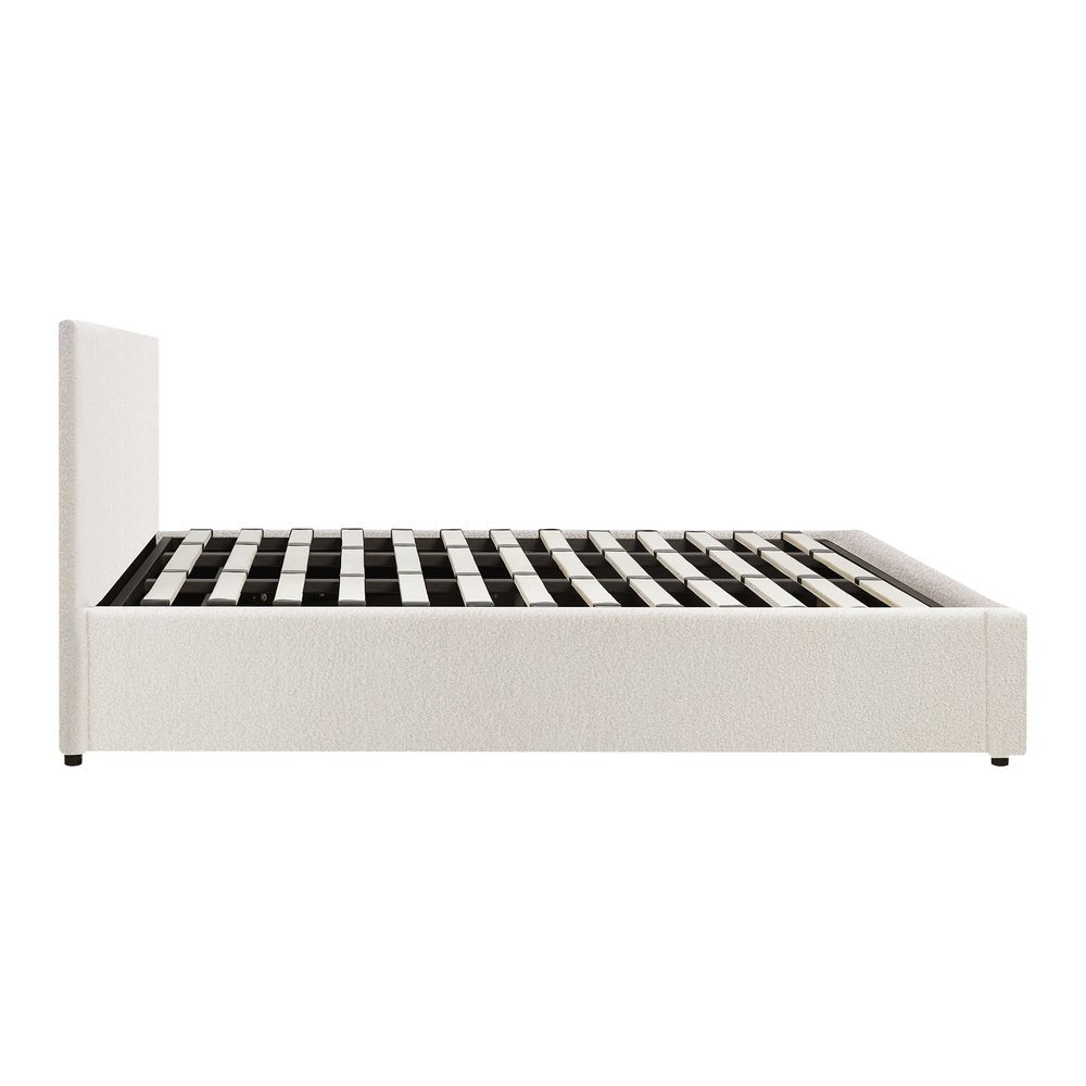 King Bed Frame with Gas Lift Storage Base White Boucle - Buy Online at Bargain Bay Australia