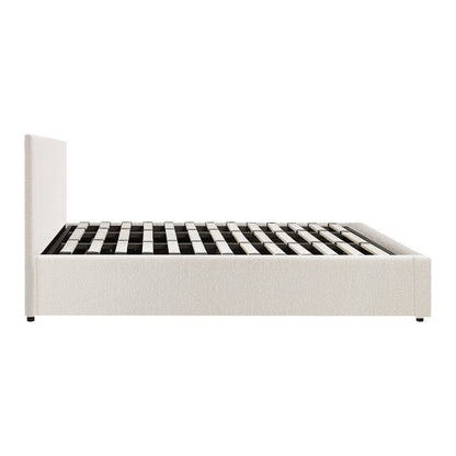 King Bed Frame with Gas Lift Storage Base White Boucle - Buy Online at Bargain Bay Australia