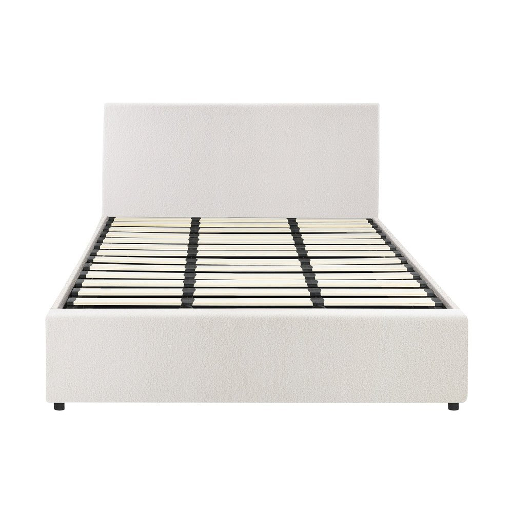 King Bed Frame with Gas Lift Storage Base White Boucle - Buy Online at Bargain Bay Australia