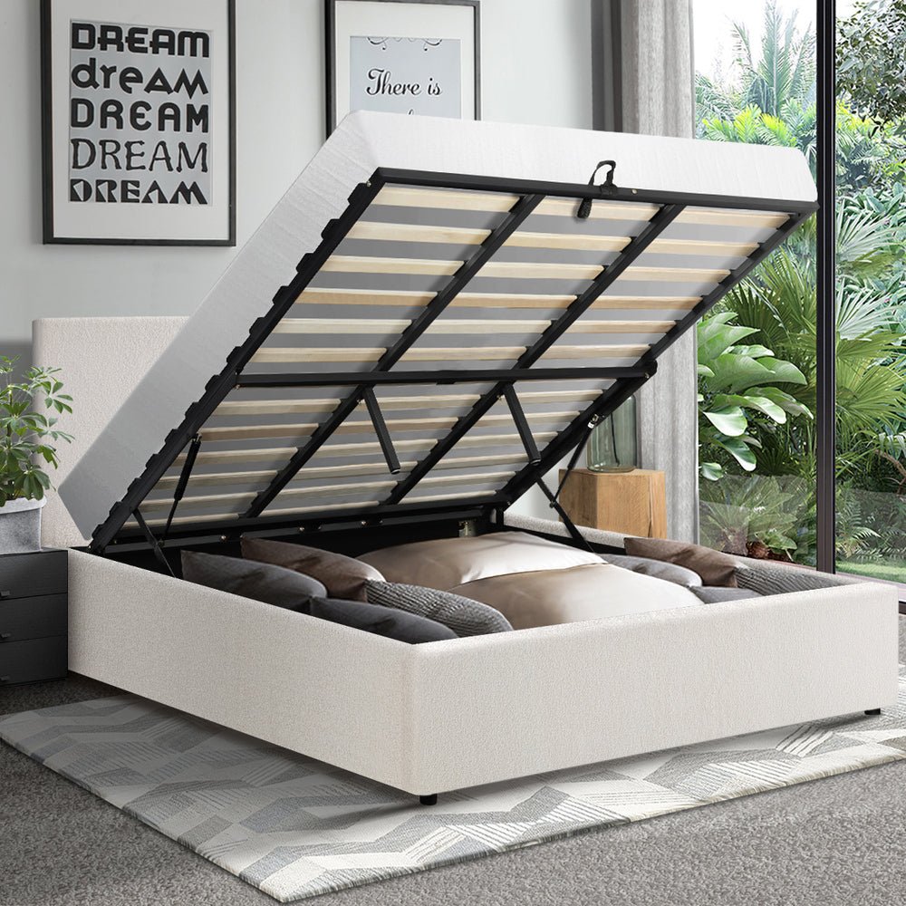 King Bed Frame with Gas Lift Storage Base White Boucle - Buy Online at Bargain Bay Australia