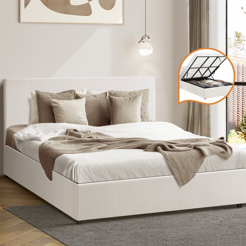 King Bed Frame with Gas Lift Storage Base White Boucle - Buy Online at Bargain Bay Australia
