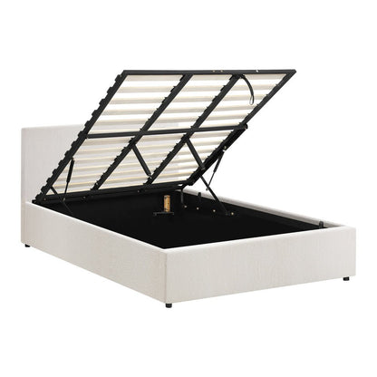 King Bed Frame with Gas Lift Storage Base White Boucle - Buy Online at Bargain Bay Australia