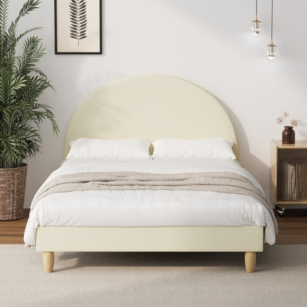 King Single Bed Frame with Arched Bedhead Beige Fabric - Buy Online at Bargain Bay Australia