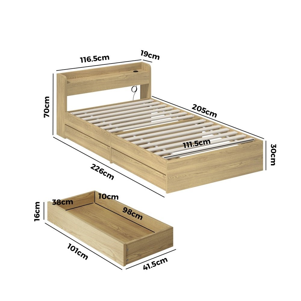 King Single Bed Frame with Two Drawers and Charging Ports - Buy Online at Bargain Bay Australia