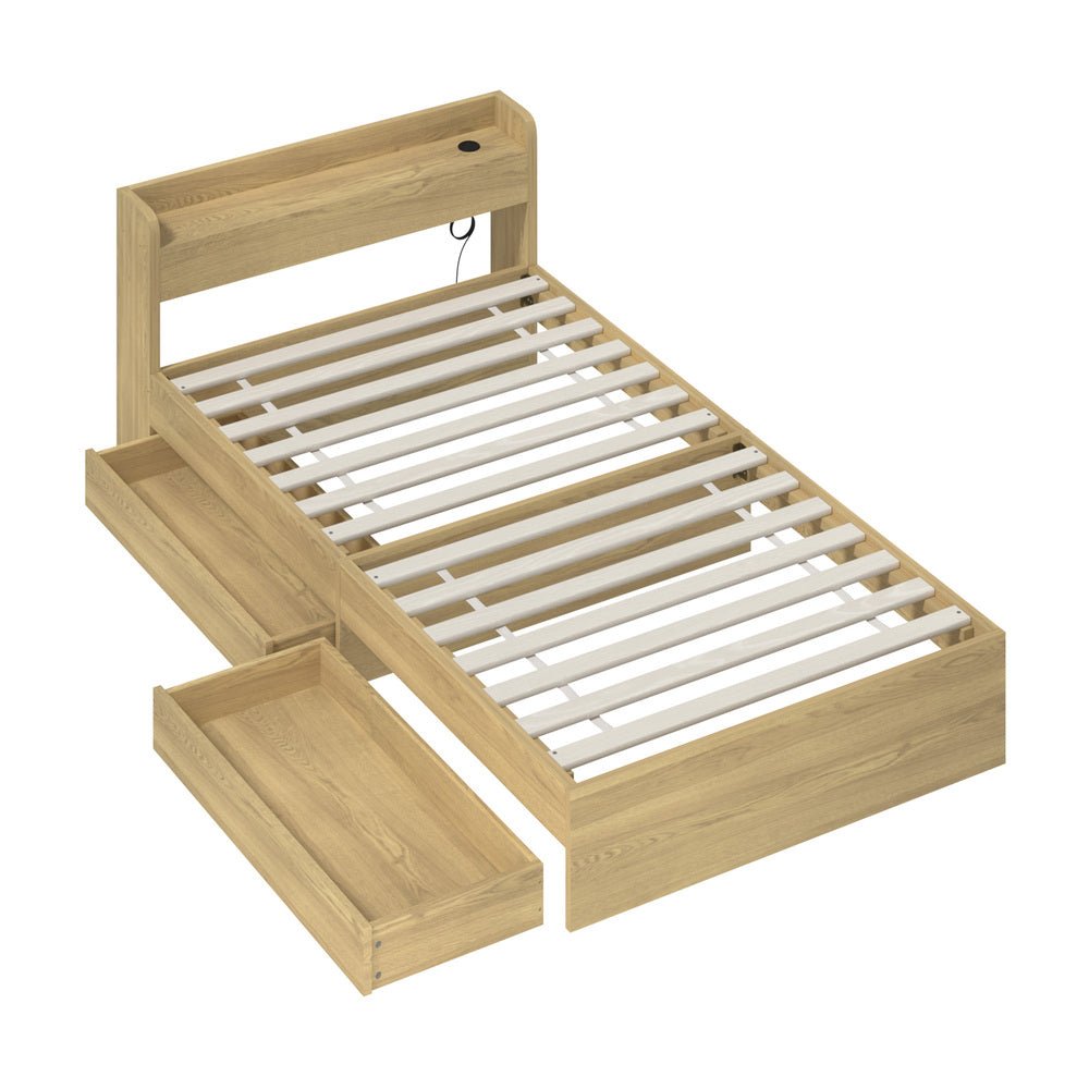 King Single Bed Frame with Two Drawers and Charging Ports - Buy Online at Bargain Bay Australia