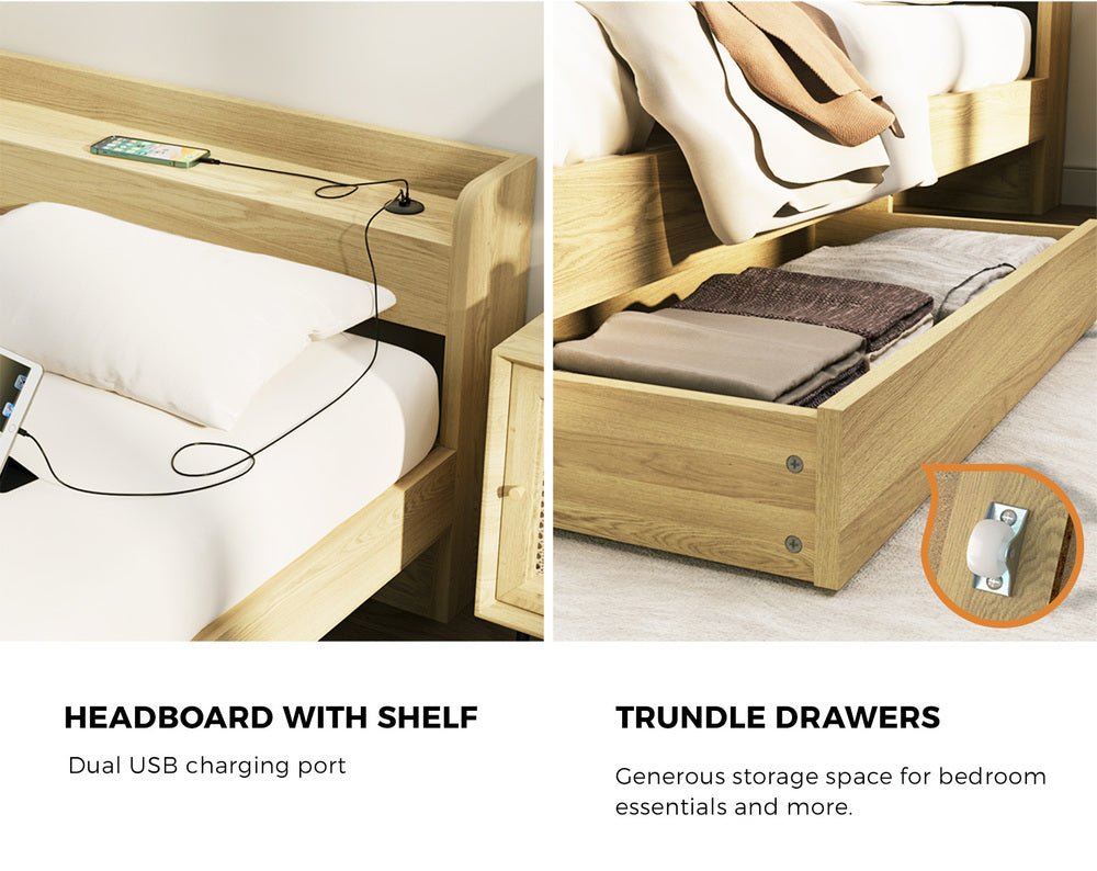 King Single Bed Frame with Two Drawers and Charging Ports - Buy Online at Bargain Bay Australia