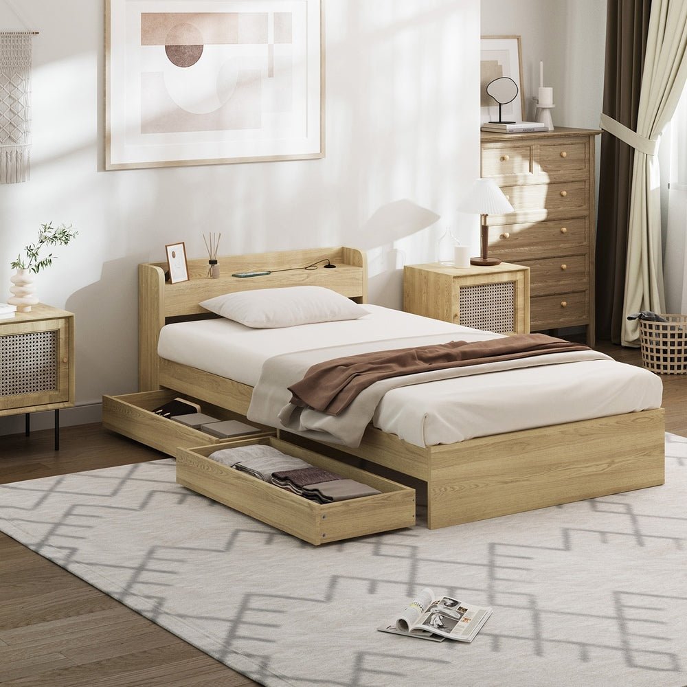 King Single Bed Frame with Two Drawers and Charging Ports - Buy Online at Bargain Bay Australia