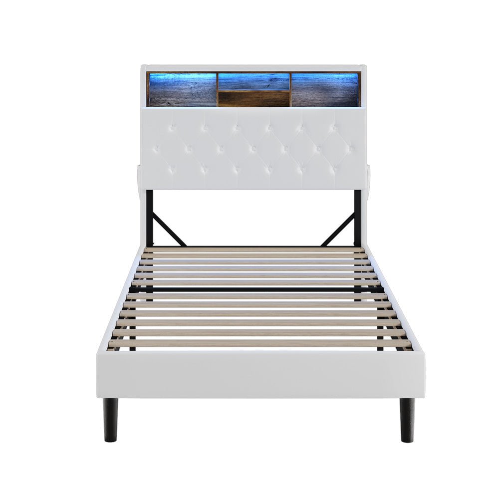 King Single Size White Bed Frame with LED Storage Bedhead - Buy Online at Bargain Bay Australia