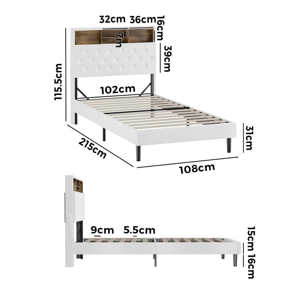 King Single Size White Bed Frame with LED Storage Bedhead - Buy Online at Bargain Bay Australia
