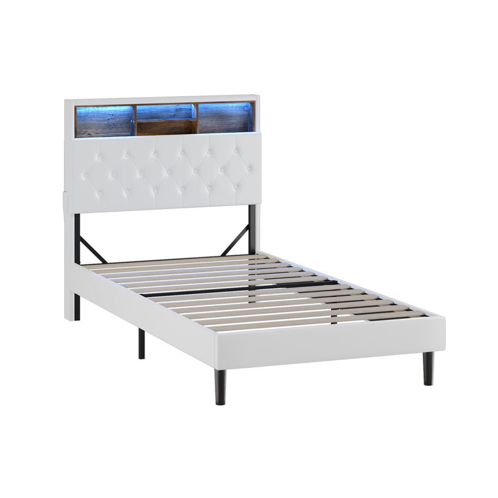 King Single Size White Bed Frame with LED Storage Bedhead - Buy Online at Bargain Bay Australia