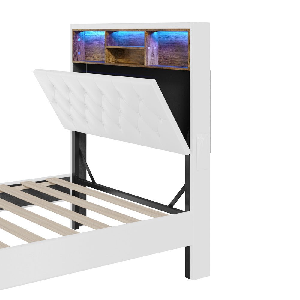 King Single Size White Bed Frame with LED Storage Bedhead - Buy Online at Bargain Bay Australia