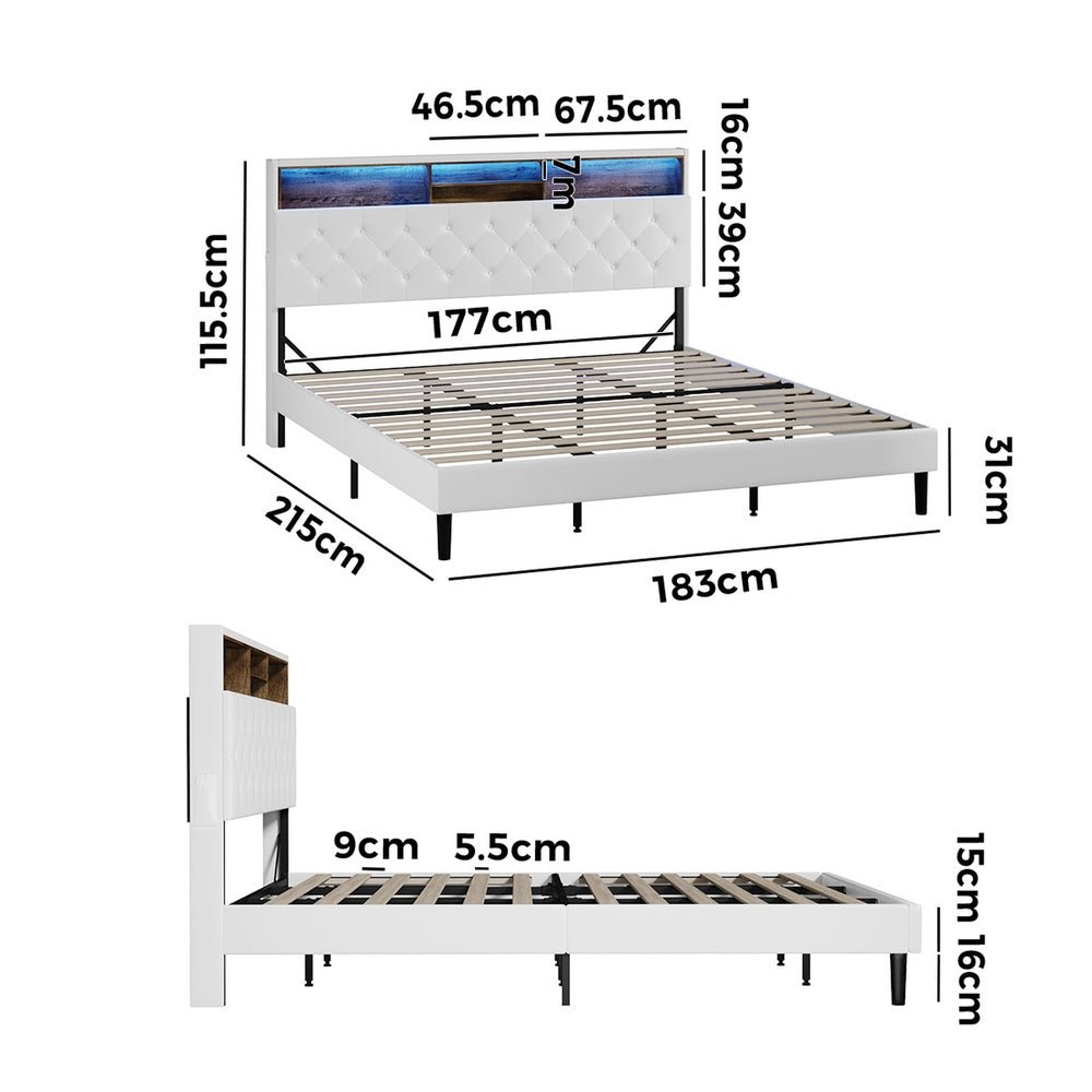 King Size White Bed Frame with LED Storage Bedhead - Buy Online at Bargain Bay Australia