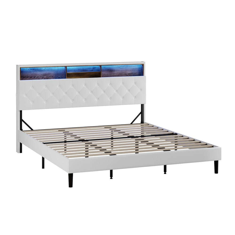 King Size White Bed Frame with LED Storage Bedhead - Buy Online at Bargain Bay Australia