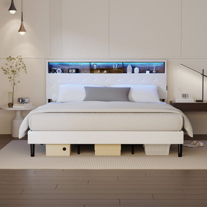 King Size White Bed Frame with LED Storage Bedhead - Buy Online at Bargain Bay Australia
