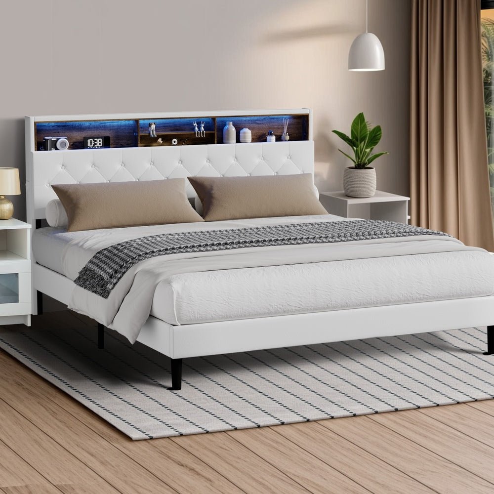 King Size White Bed Frame with LED Storage Bedhead - Buy Online at Bargain Bay Australia