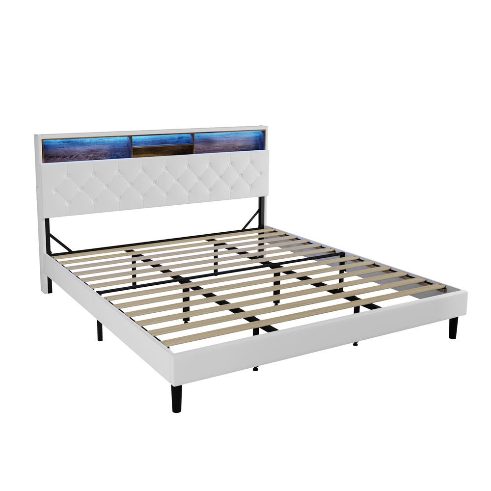 King Size White Bed Frame with LED Storage Bedhead - Buy Online at Bargain Bay Australia