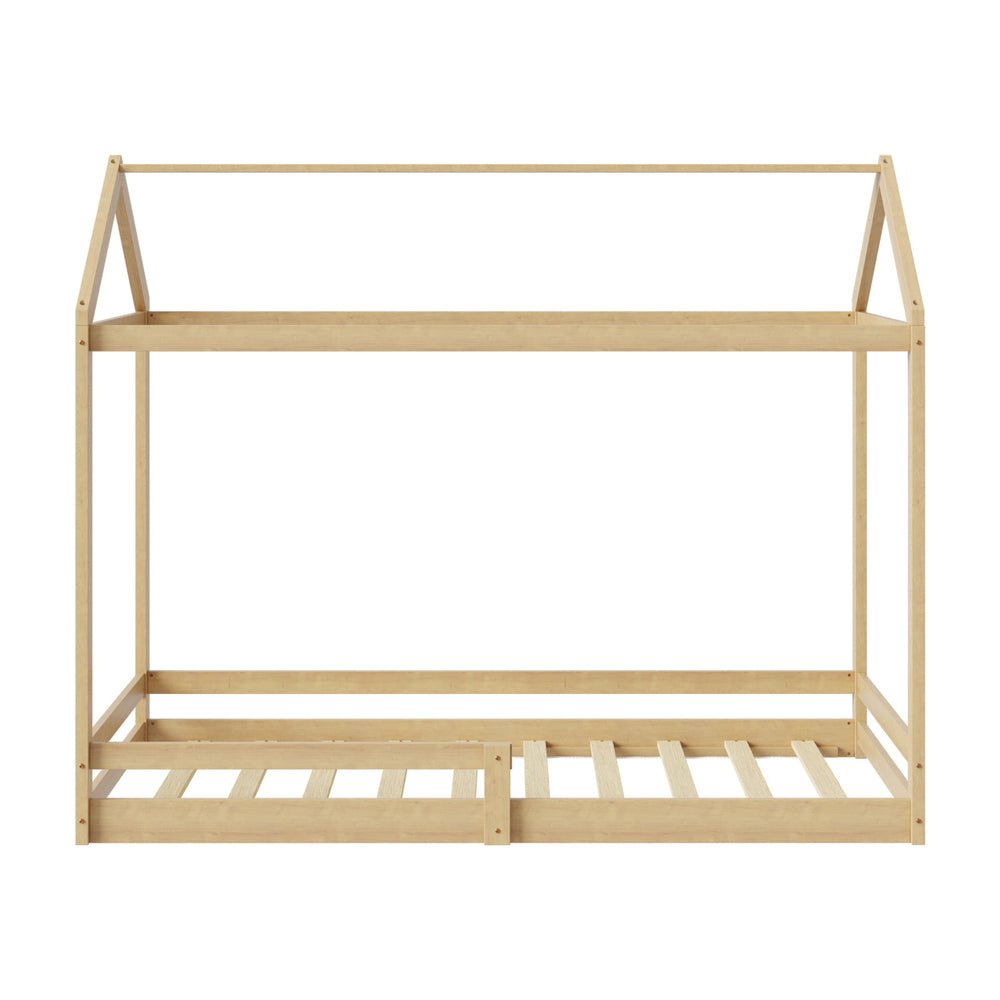 Natural Wooden Single Size Kids House Bed Frame with Fence - Buy Online at Bargain Bay Australia