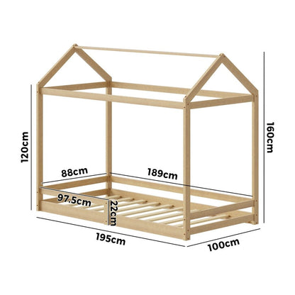 Natural Wooden Single Size Kids House Bed Frame with Fence - Buy Online at Bargain Bay Australia
