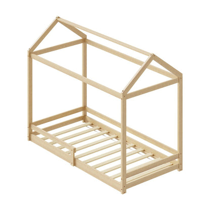 Natural Wooden Single Size Kids House Bed Frame with Fence - Buy Online at Bargain Bay Australia
