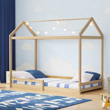 Natural Wooden Single Size Kids House Bed Frame with Fence - Buy Online at Bargain Bay Australia