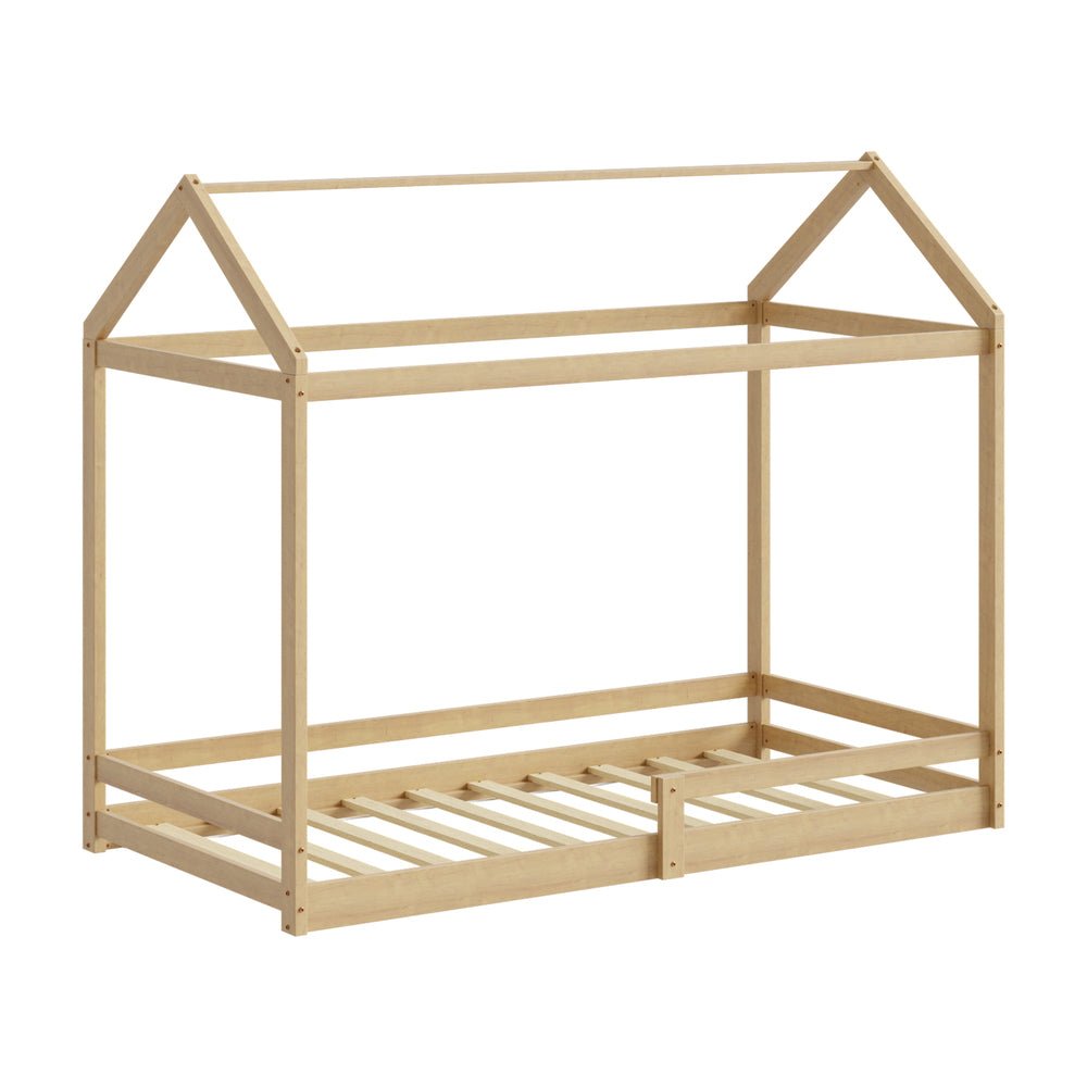 Natural Wooden Single Size Kids House Bed Frame with Fence - Buy Online at Bargain Bay Australia