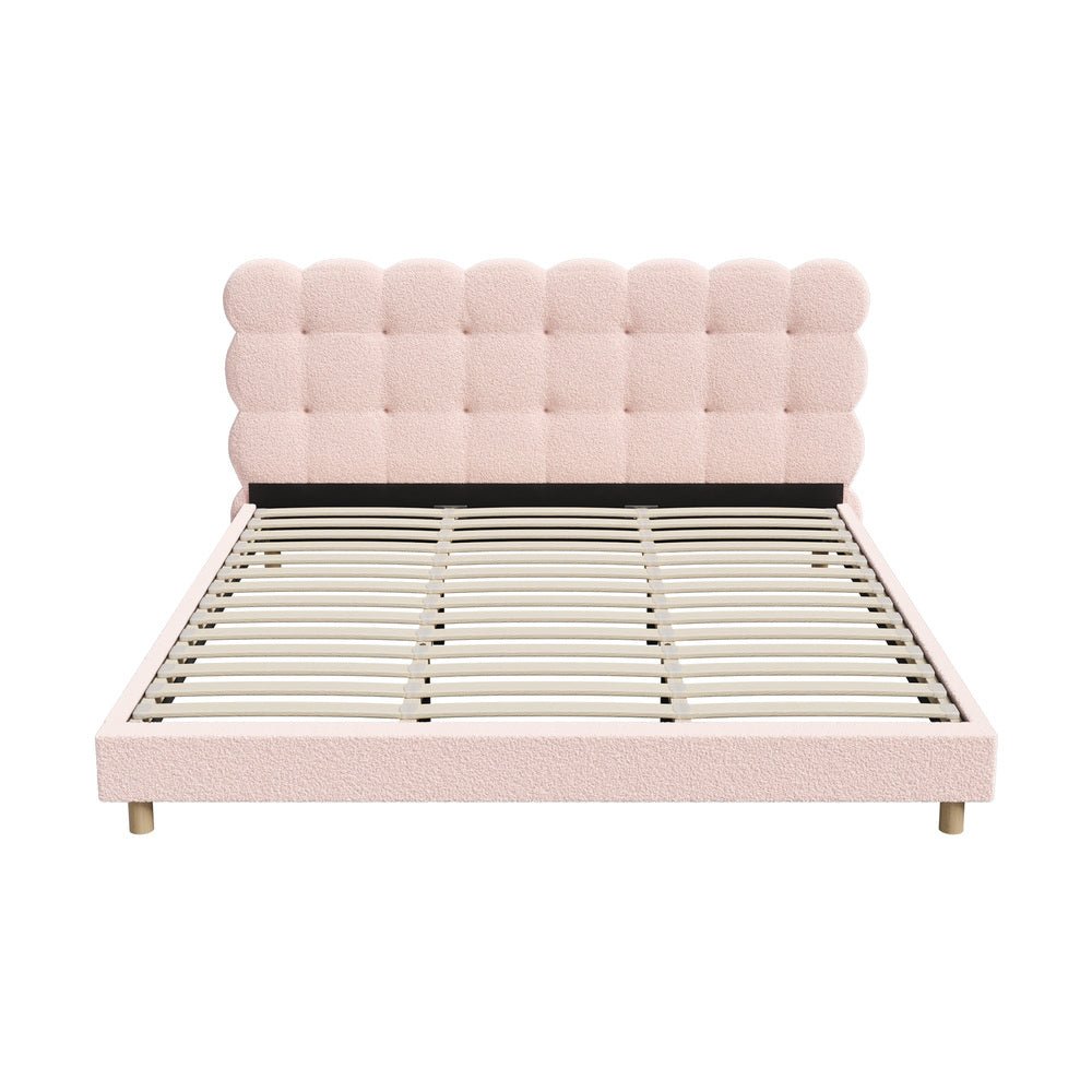 Pink Boucle Fabric King Size Bed Frame with Tufted Bedhead - Buy Online at Bargain Bay Australia