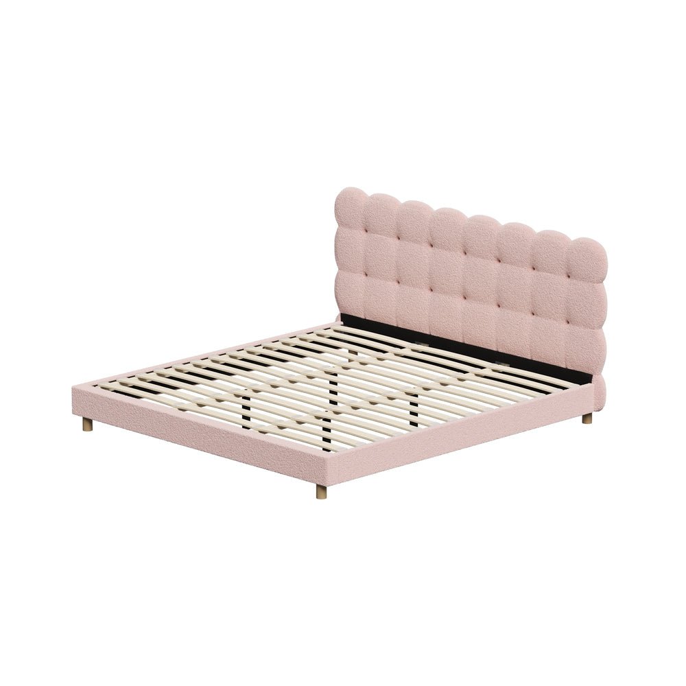 Pink Boucle Fabric King Size Bed Frame with Tufted Bedhead - Buy Online at Bargain Bay Australia