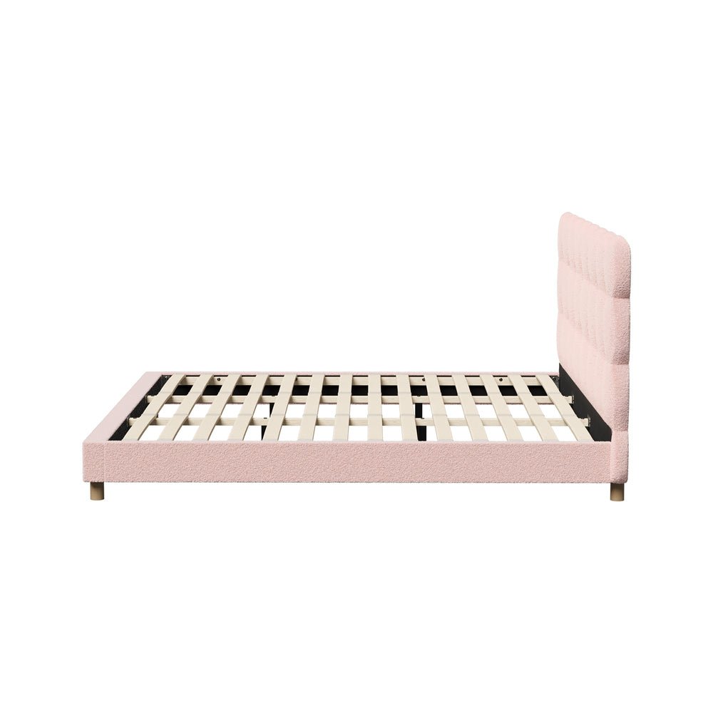 Pink Boucle Fabric King Size Bed Frame with Tufted Bedhead - Buy Online at Bargain Bay Australia