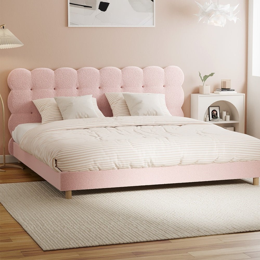 Pink Boucle Fabric King Size Bed Frame with Tufted Bedhead - Buy Online at Bargain Bay Australia