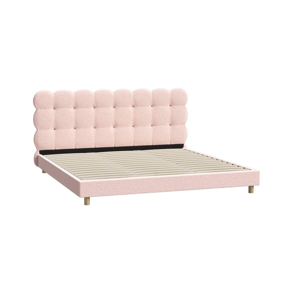 Pink Boucle Fabric King Size Bed Frame with Tufted Bedhead - Buy Online at Bargain Bay Australia
