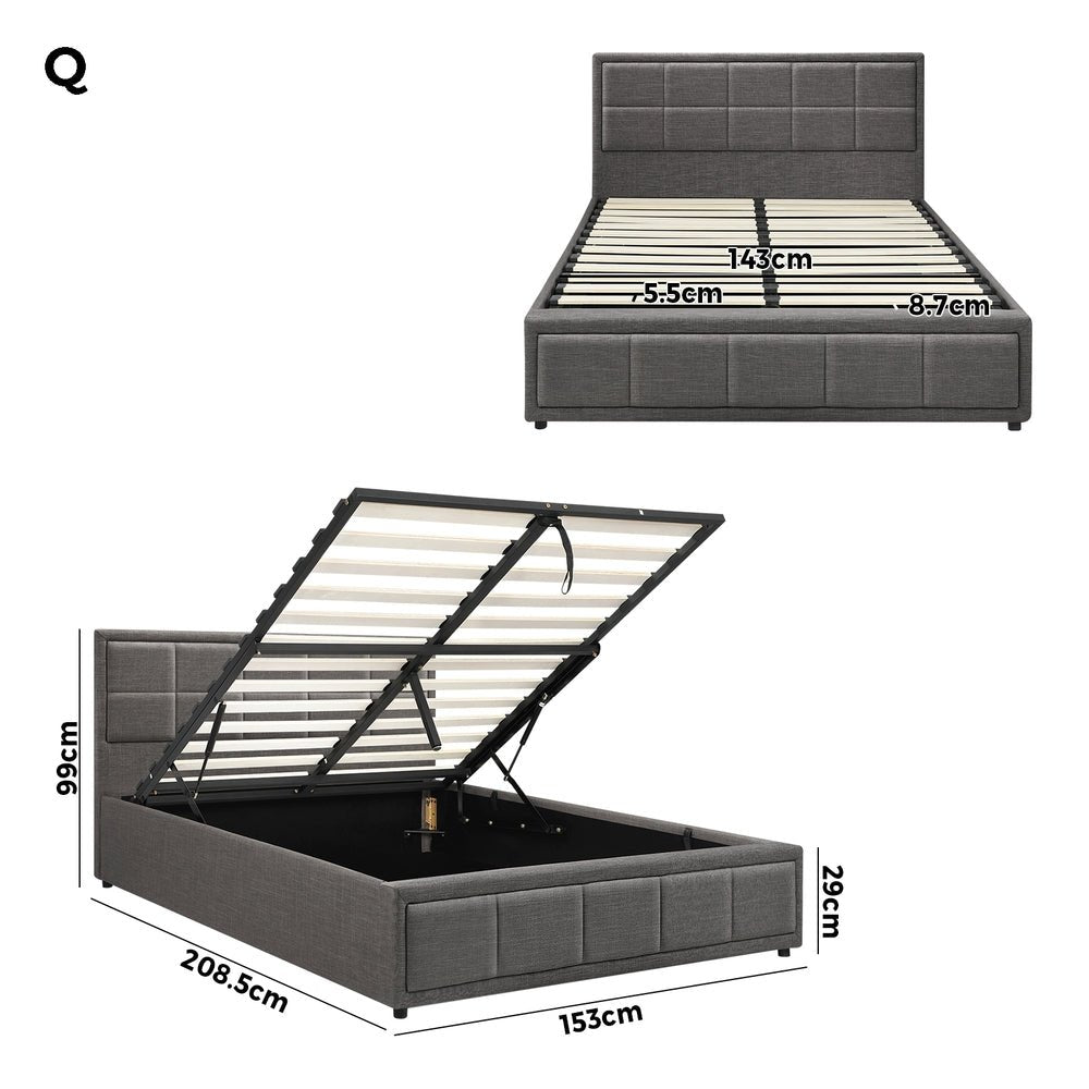 Queen Bed Frame with Gas Lift Storage Base Fabric Grey - Buy Online at Bargain Bay Australia