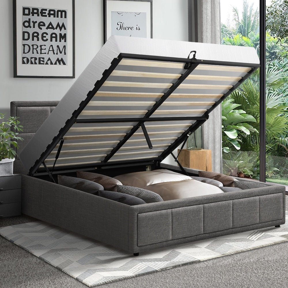 Queen Bed Frame with Gas Lift Storage Base Fabric Grey - Buy Online at Bargain Bay Australia