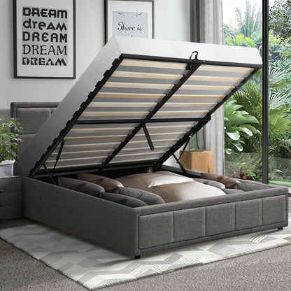 Queen Bed Frame with Gas Lift Storage Base Fabric Grey - Buy Online at Bargain Bay Australia