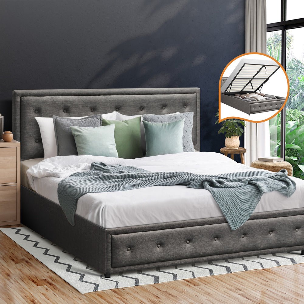 Queen Bed Frame with Gas Lift Storage Base Grey - Buy Online at Bargain Bay Australia