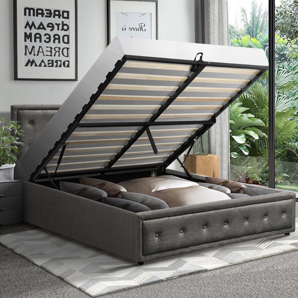Queen Bed Frame with Gas Lift Storage Base Grey - Buy Online at Bargain Bay Australia