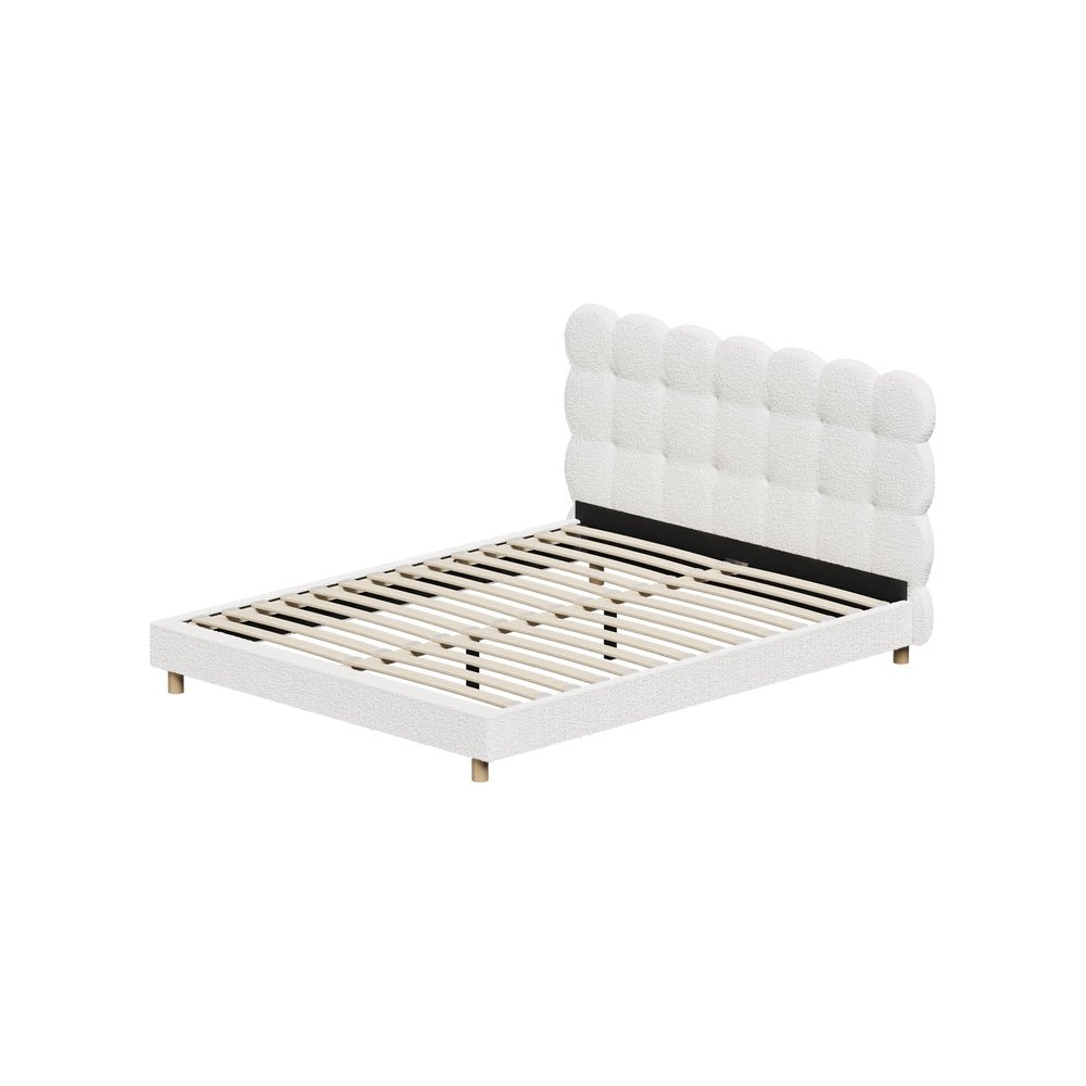Queen Bed Frame with White Boucle Fabric Tufted Bedhead - Buy Online at Bargain Bay Australia