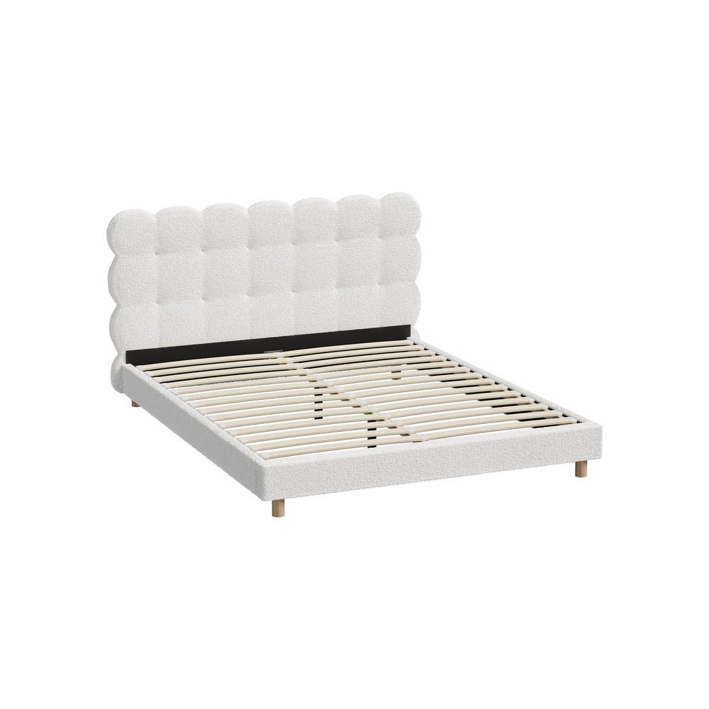 Queen Bed Frame with White Boucle Fabric Tufted Bedhead - Buy Online at Bargain Bay Australia