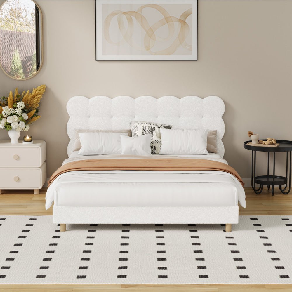 Queen Bed Frame with White Boucle Fabric Tufted Bedhead - Buy Online at Bargain Bay Australia