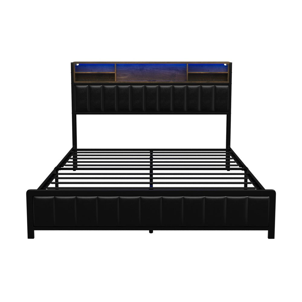 Queen Size Black Leather Bed Frame with LED Storage Bedhead - Buy Online at Bargain Bay Australia