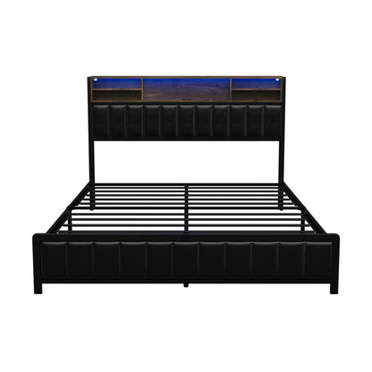 Queen Size Black Leather Bed Frame with LED Storage Bedhead - Buy Online at Bargain Bay Australia