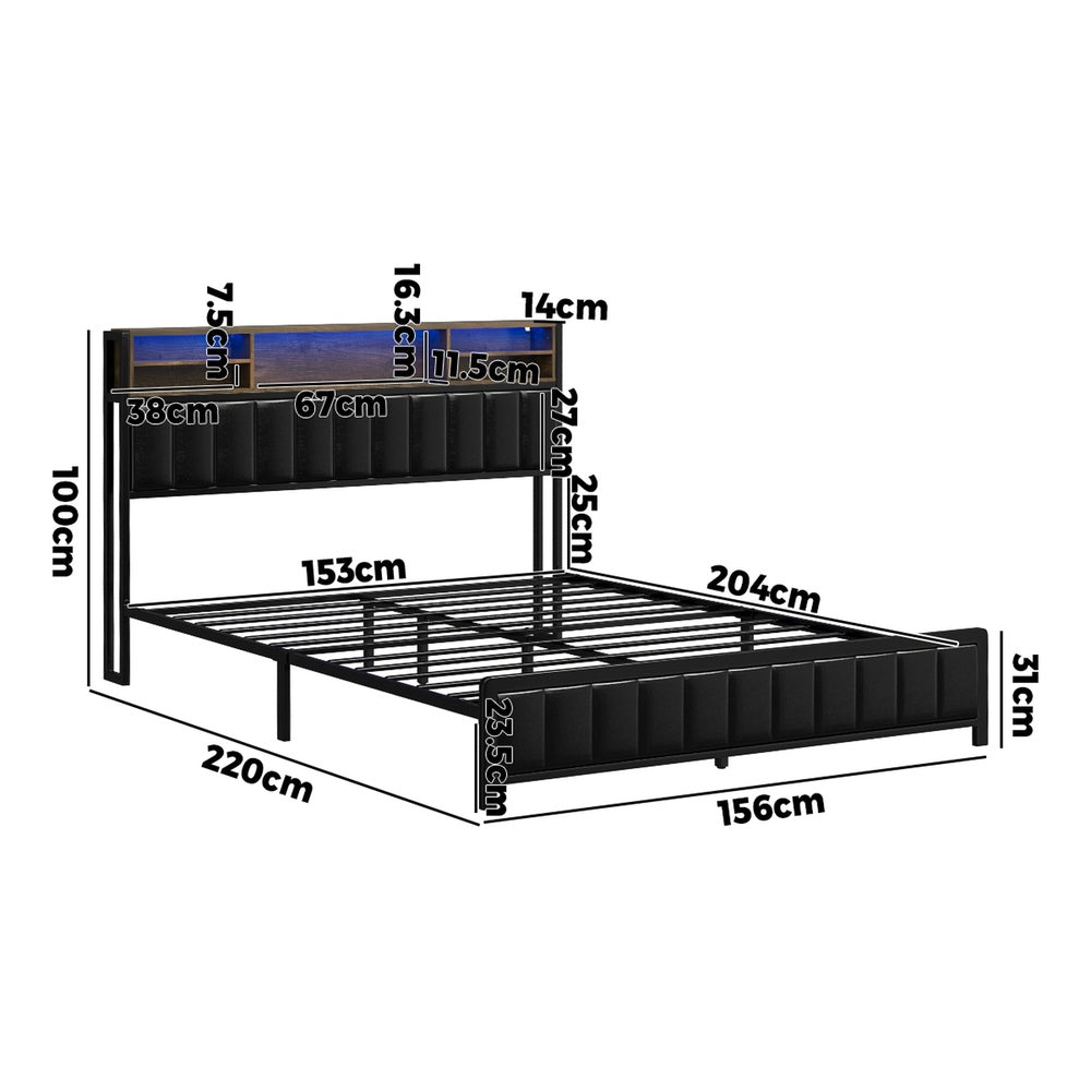 Queen Size Black Leather Bed Frame with LED Storage Bedhead - Buy Online at Bargain Bay Australia
