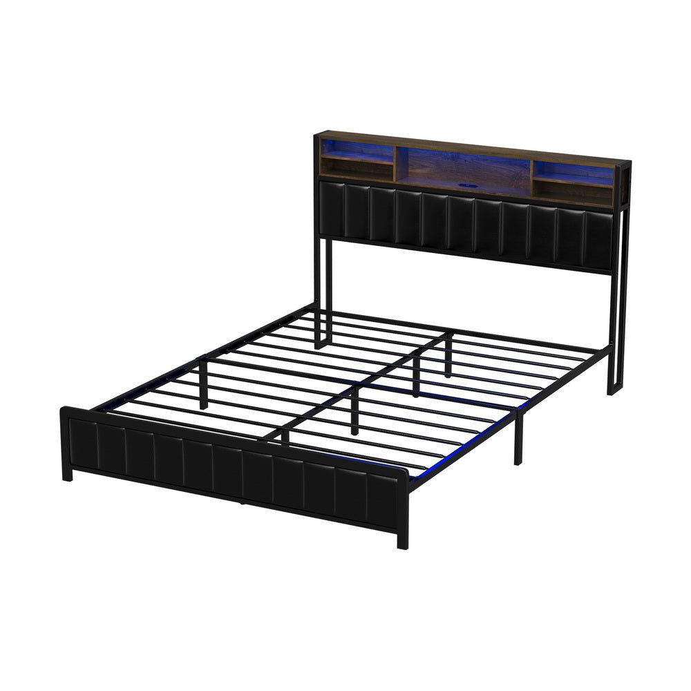 Queen Size Black Leather Bed Frame with LED Storage Bedhead - Buy Online at Bargain Bay Australia