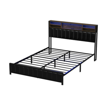 Queen Size Black Leather Bed Frame with LED Storage Bedhead - Buy Online at Bargain Bay Australia