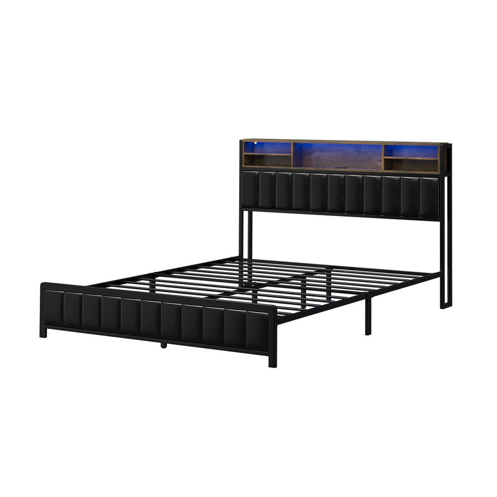 Queen Size Black Leather Bed Frame with LED Storage Bedhead - Buy Online at Bargain Bay Australia
