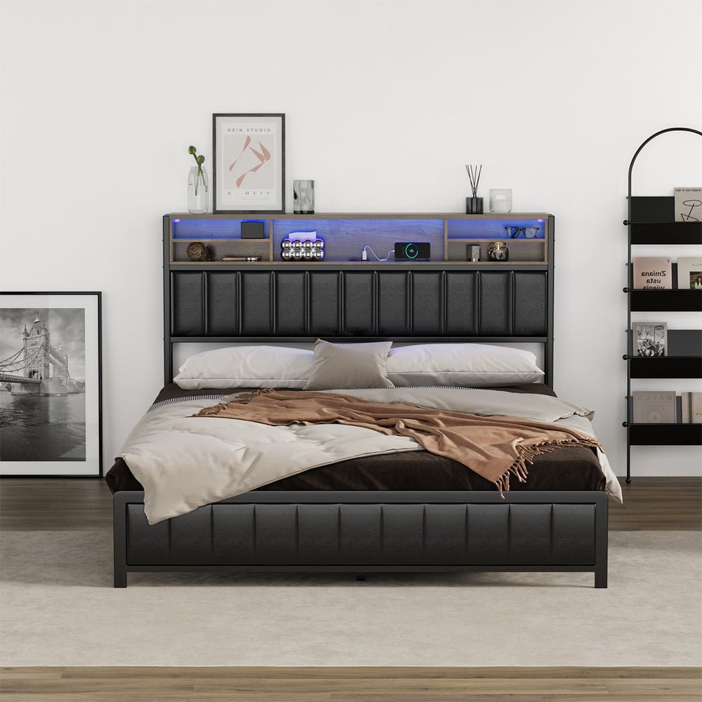 Queen Size Black Leather Bed Frame with LED Storage Bedhead - Buy Online at Bargain Bay Australia